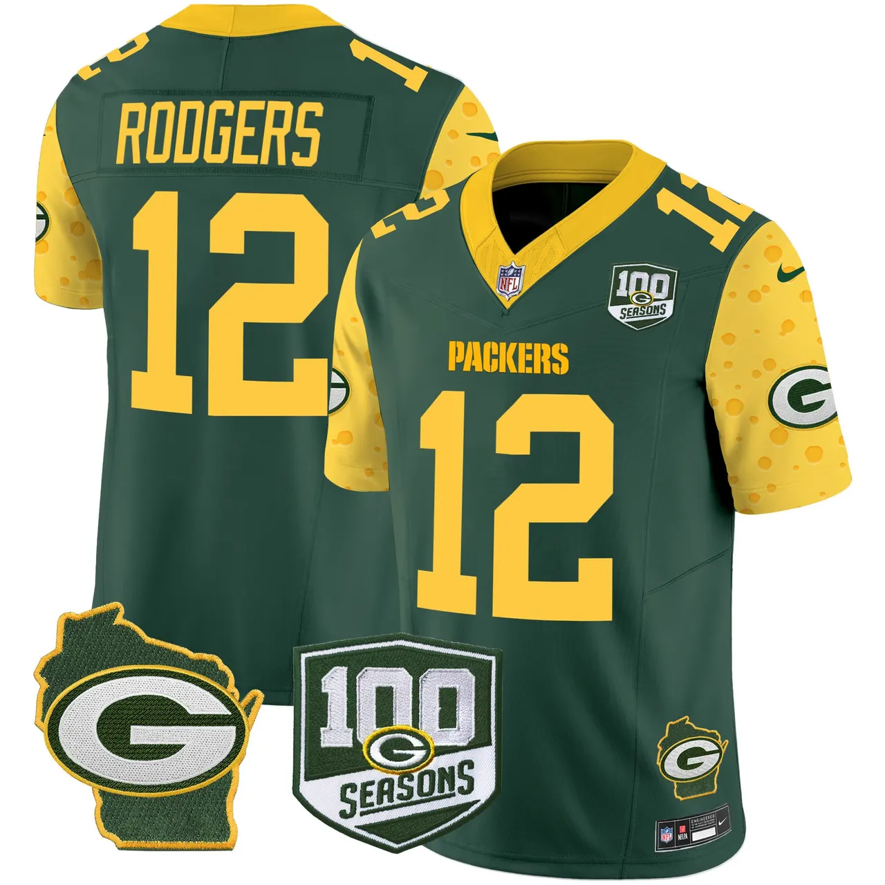 Green Bay Packers Nike Home 100th Season Patch Cheese Vapor Limited Stitched Jersey - Kelly Green - Image 5