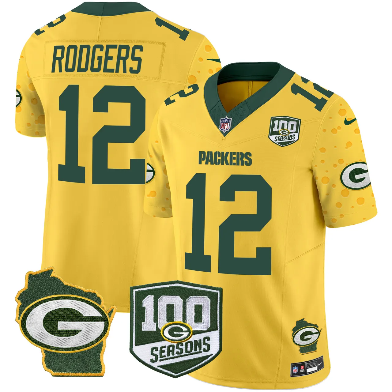 Green Bay Packers Nike Home 100th Season Patch Cheese Vapor Limited Stitched Jersey - Kelly Green - Image 26