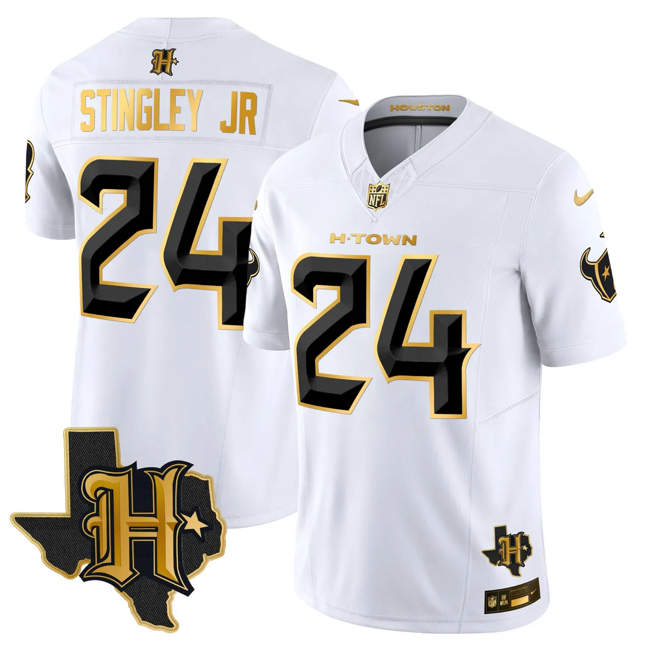 Houston Texans Nike 2024 Texas Patch Gold Vapor Limited Stitched Jersey - Black - Image 29