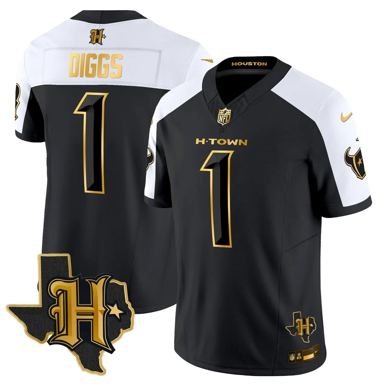 Houston Texans Nike 2024 Texas Patch Gold Vapor Limited Stitched Jersey - Black - Image 2