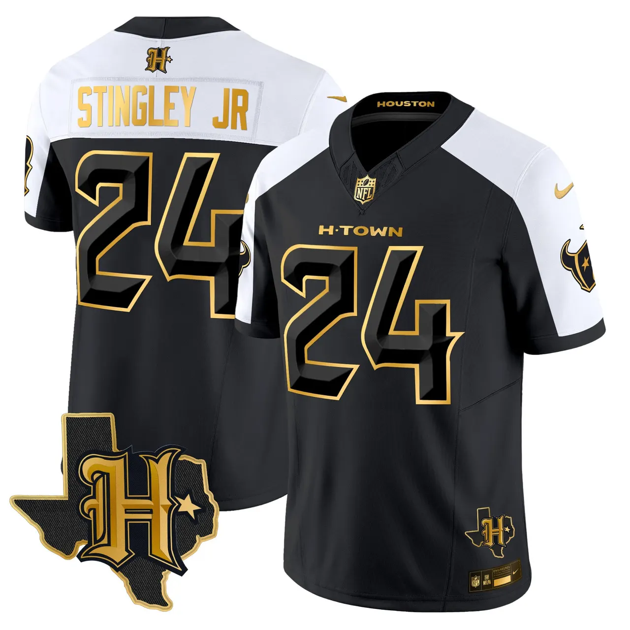 Houston Texans Nike 2024 Texas Patch Gold Vapor Limited Stitched Jersey - Black - Image 5
