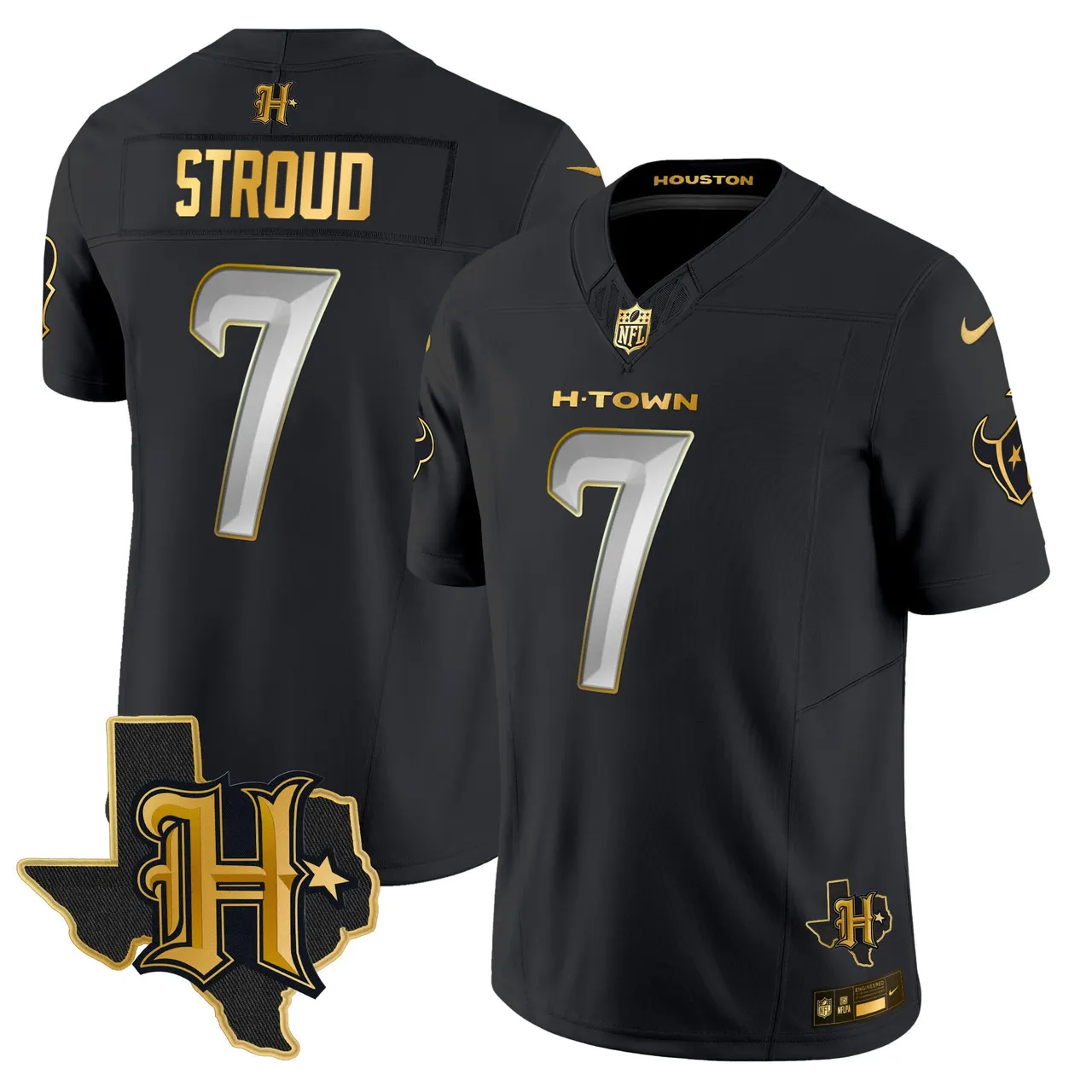Houston Texans Nike 2024 Texas Patch Gold Vapor Limited Stitched Jersey - Black - Image 9