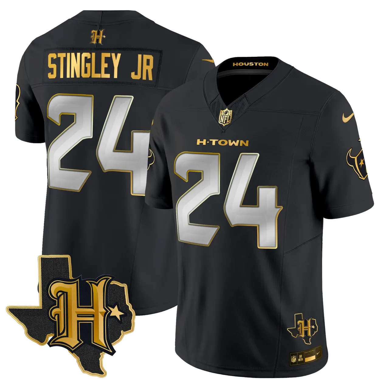Houston Texans Nike 2024 Texas Patch Gold Vapor Limited Stitched Jersey - Black - Image 13
