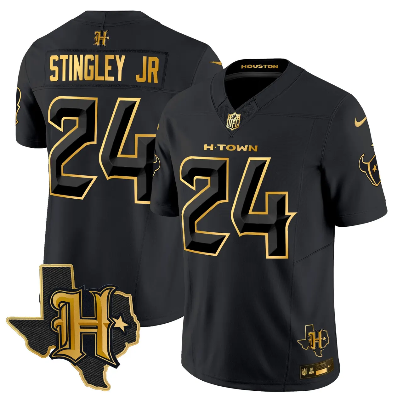 Houston Texans Nike 2024 Texas Patch Gold Vapor Limited Stitched Jersey - Black - Image 21