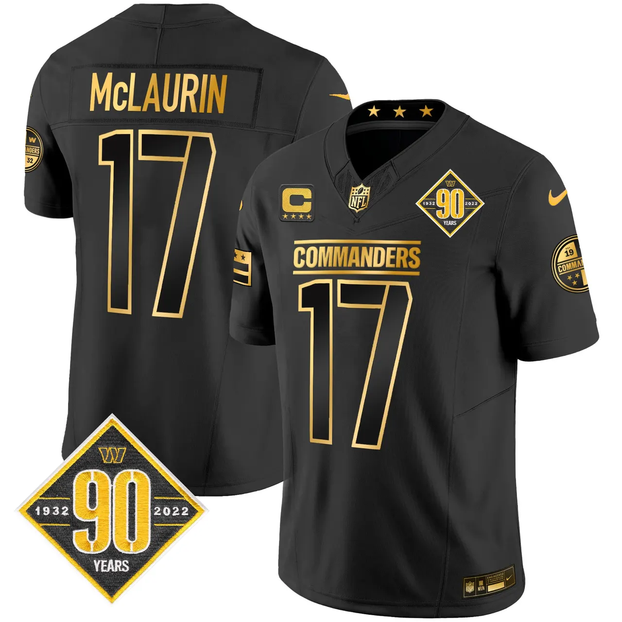 Washington Commanders Nike 90th Anniversary Patch Gold Vapor Limited Stitched Jersey - Black - Image 12