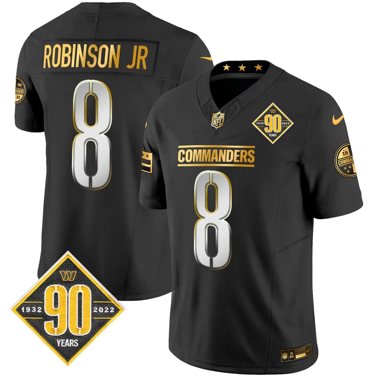 Washington Commanders Nike 90th Anniversary Patch Gold Vapor Limited Stitched Jersey - Black - Image 2