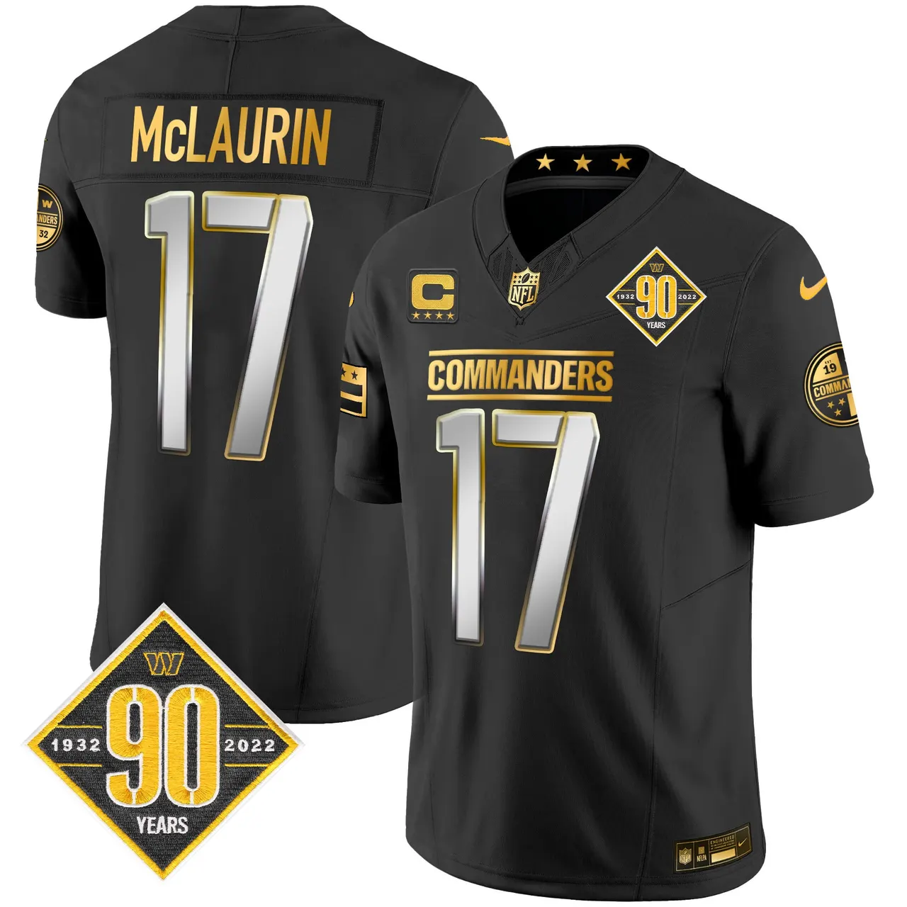 Washington Commanders Nike 90th Anniversary Patch Gold Vapor Limited Stitched Jersey - Black - Image 5