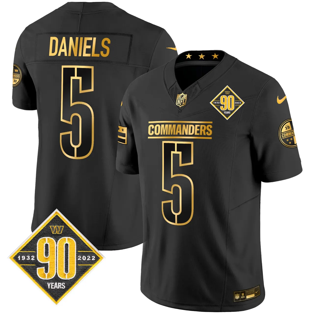 Washington Commanders Nike 90th Anniversary Patch Gold Vapor Limited Stitched Jersey - Black - Image 8
