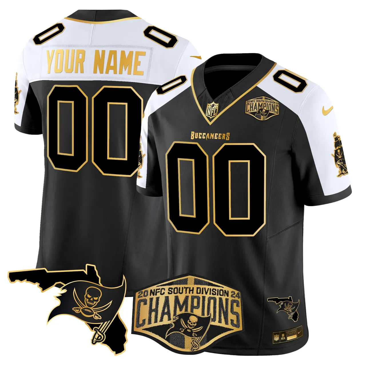 Tampa Bay Buccaneers Nike 2024 NFC South Division Champions Patch Gold Vapor Custom Limited Stitched Jersey - Black