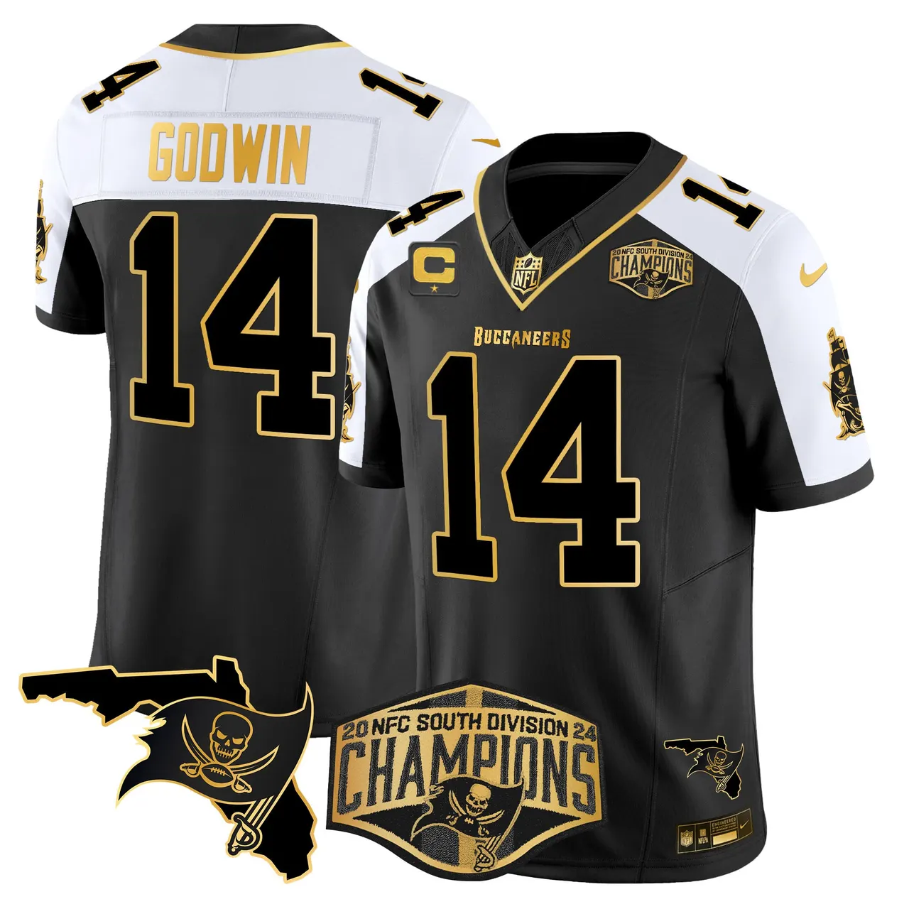 Baker Mayfield Tampa Bay Buccaneers Nike 2024 NFC South Division Champions Patch Gold Vapor Limited Stitched Jersey - Black - Image 5