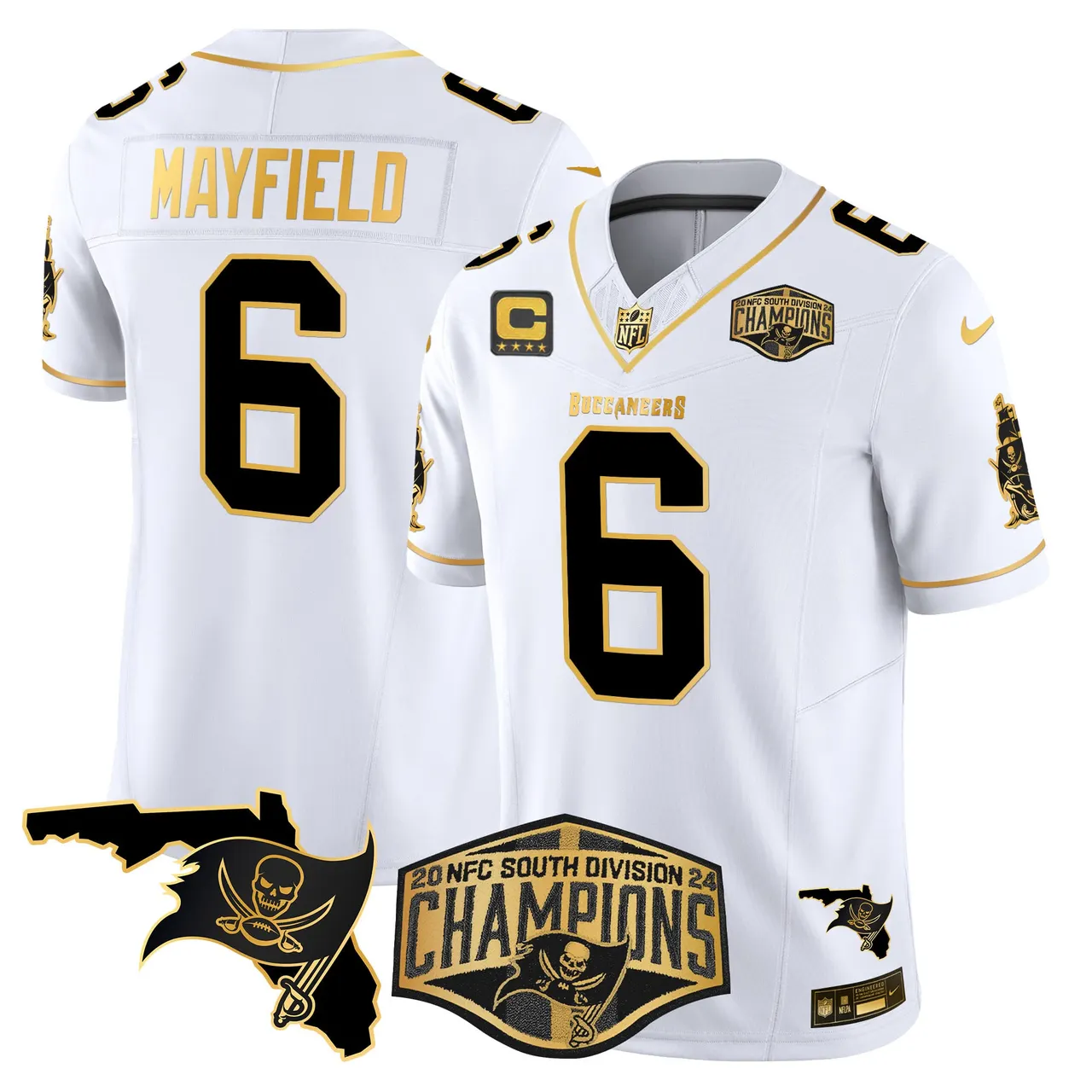 Baker Mayfield Tampa Bay Buccaneers Nike 2024 NFC South Division Champions Patch Gold Vapor Limited Stitched Jersey - Black - Image 9