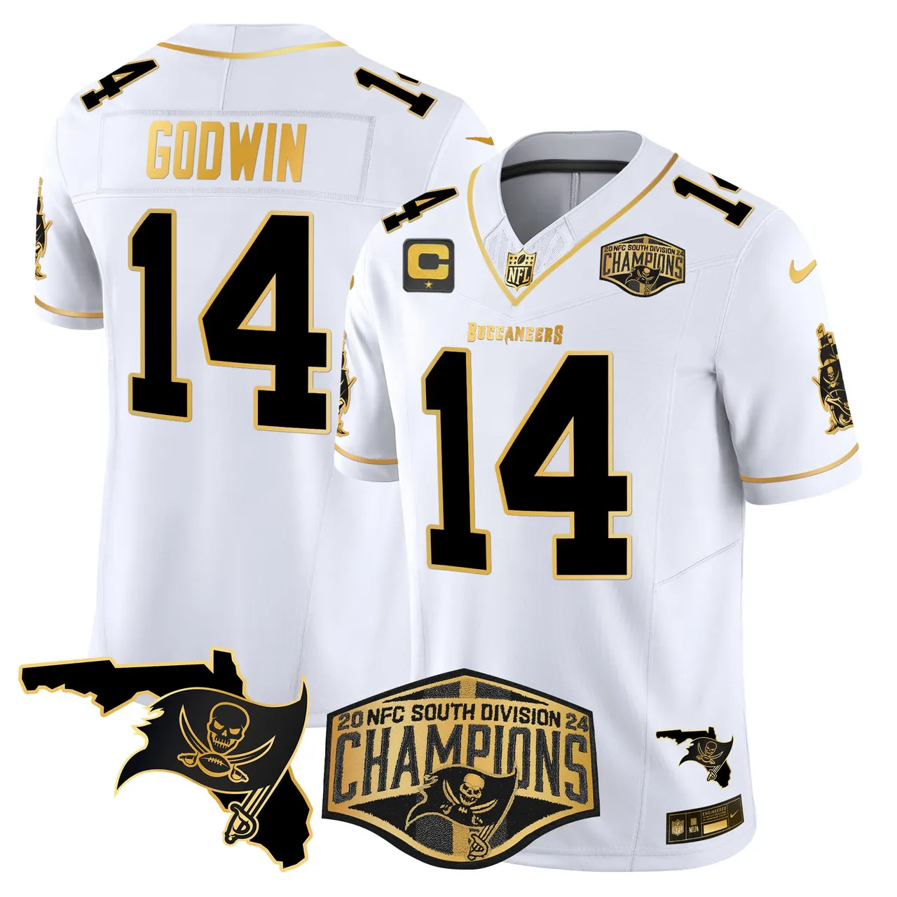 Baker Mayfield Tampa Bay Buccaneers Nike 2024 NFC South Division Champions Patch Gold Vapor Limited Stitched Jersey - Black - Image 13