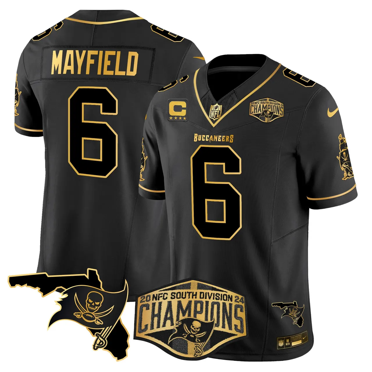 Baker Mayfield Tampa Bay Buccaneers Nike 2024 NFC South Division Champions Patch Gold Vapor Limited Stitched Jersey - Black - Image 17