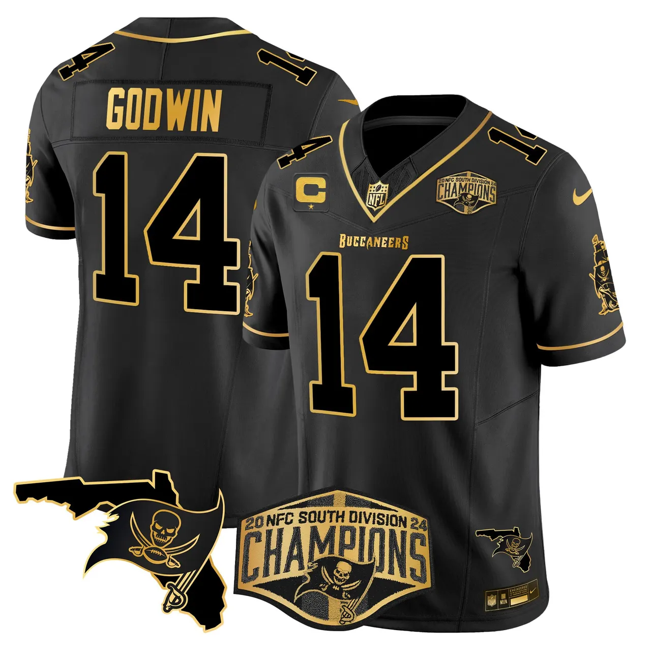 Baker Mayfield Tampa Bay Buccaneers Nike 2024 NFC South Division Champions Patch Gold Vapor Limited Stitched Jersey - Black - Image 21