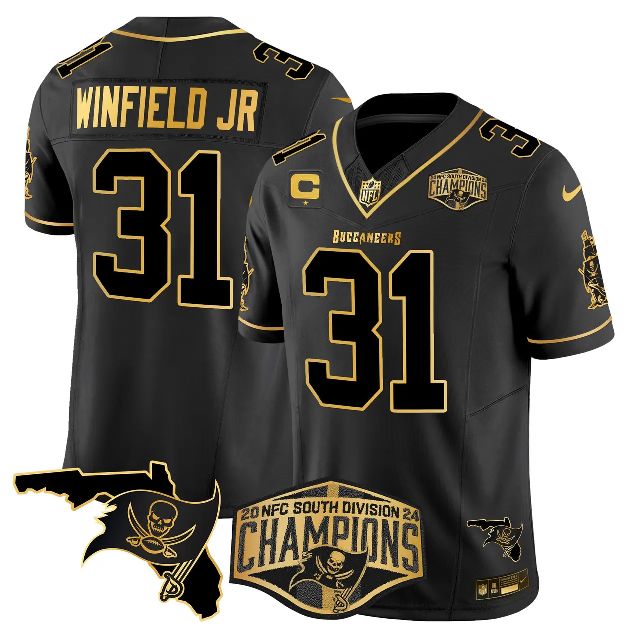 Baker Mayfield Tampa Bay Buccaneers Nike 2024 NFC South Division Champions Patch Gold Vapor Limited Stitched Jersey - Black - Image 23