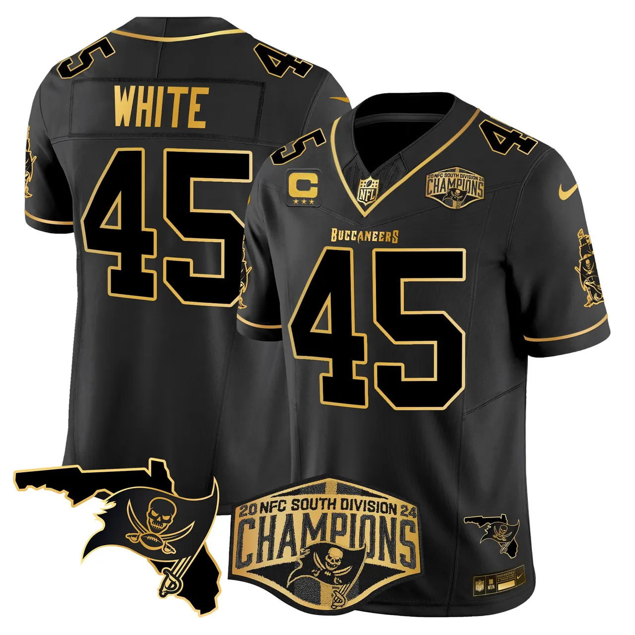 Baker Mayfield Tampa Bay Buccaneers Nike 2024 NFC South Division Champions Patch Gold Vapor Limited Stitched Jersey - Black - Image 24