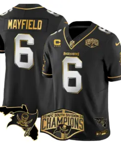 Baker Mayfield Tampa Bay Buccaneers Nike 2024 NFC South Division Champions Patch Gold Vapor Limited Stitched Jersey - Black - Image 25