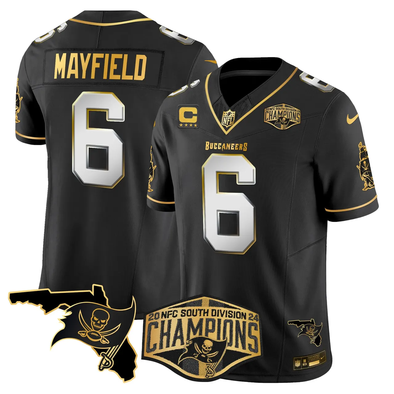 Baker Mayfield Tampa Bay Buccaneers Nike 2024 NFC South Division Champions Patch Gold Vapor Limited Stitched Jersey - Black - Image 25
