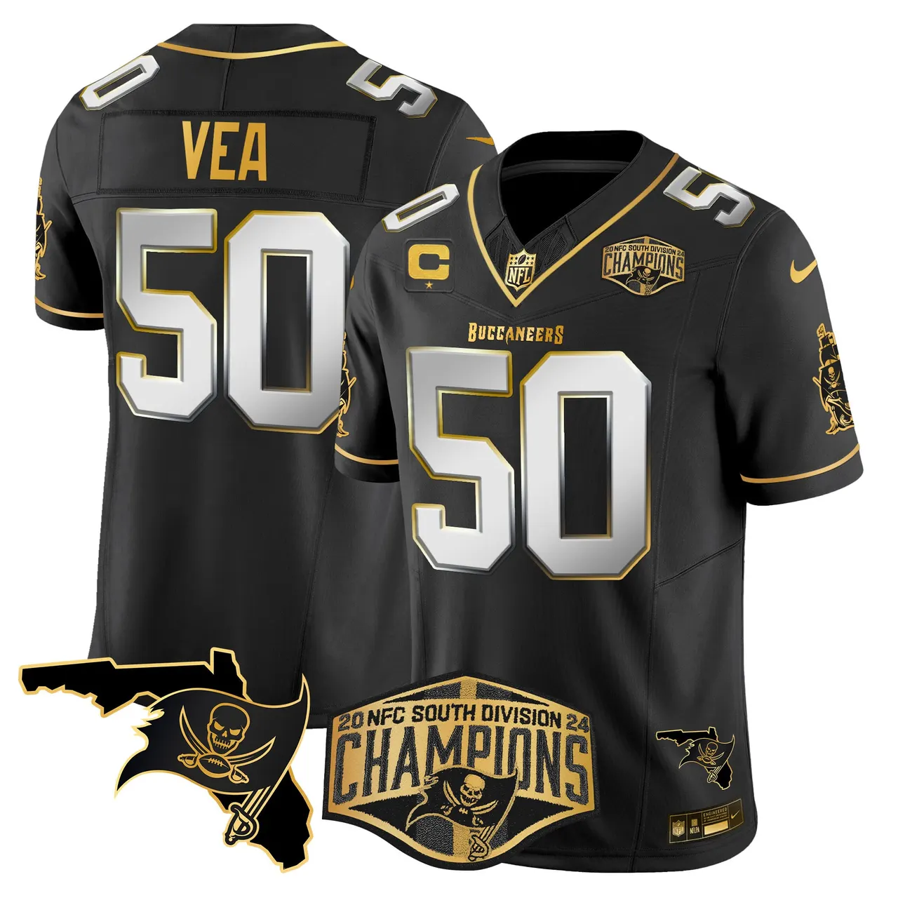 Baker Mayfield Tampa Bay Buccaneers Nike 2024 NFC South Division Champions Patch Gold Vapor Limited Stitched Jersey - Black - Image 30