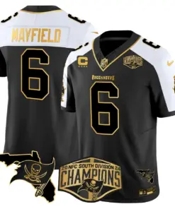 Baker Mayfield Tampa Bay Buccaneers Nike 2024 NFC South Division Champions Patch Gold Vapor Limited Stitched Jersey - Black