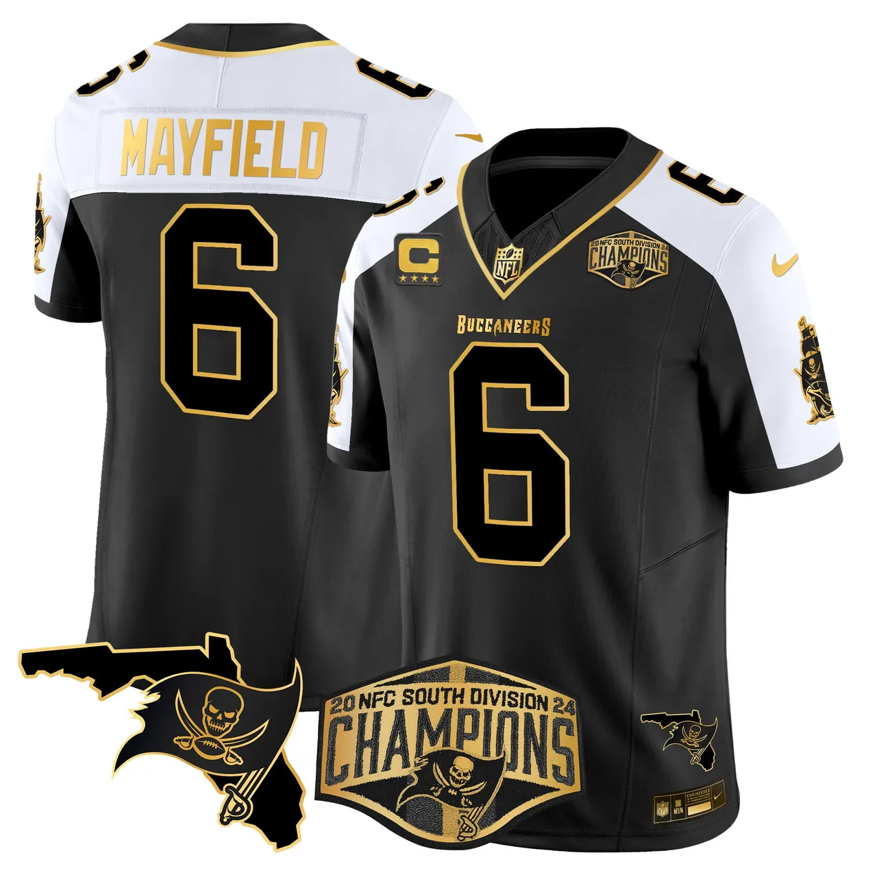 Baker Mayfield Tampa Bay Buccaneers Nike 2024 NFC South Division Champions Patch Gold Vapor Limited Stitched Jersey - Black