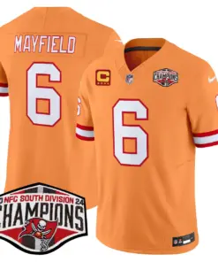 Baker Mayfield Tampa Bay Buccaneers Nike Throwback 2024 NFC South Division Champions Patch Vapor Limited Stitched Jersey - Orange - Image 15