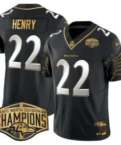 Derrick Henry Baltimore Ravens Nike Maryland 2024 AFC North Division Champions Patch Gold Vapor Limited Stitched Jersey - Black