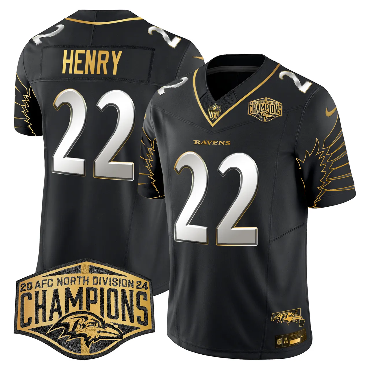 Derrick Henry Baltimore Ravens Nike Maryland 2024 AFC North Division Champions Patch Gold Vapor Limited Stitched Jersey - Black