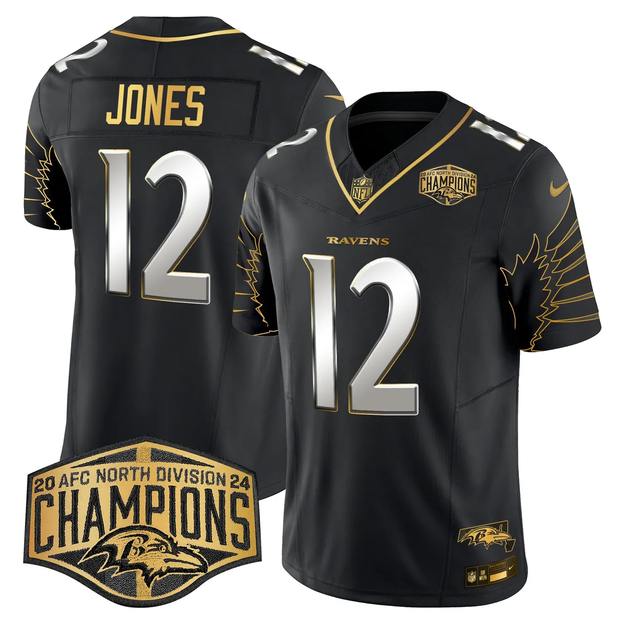 Derrick Henry Baltimore Ravens Nike Maryland 2024 AFC North Division Champions Patch Gold Vapor Limited Stitched Jersey - Black - Image 8