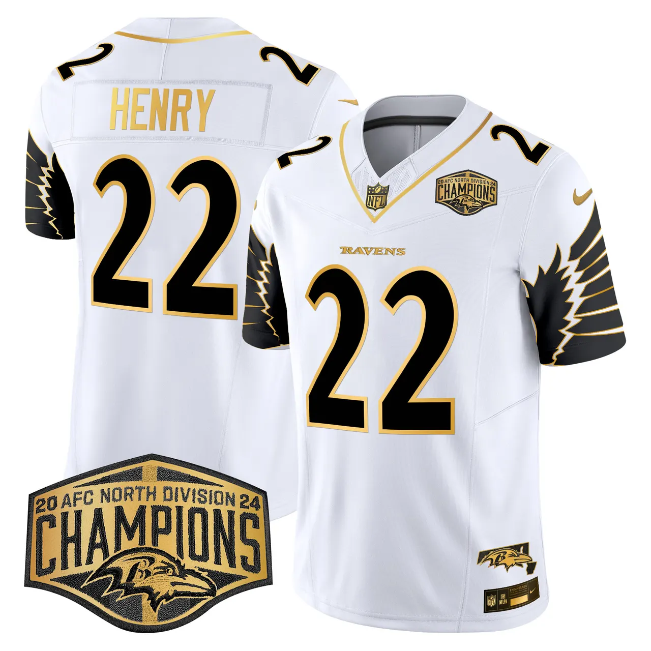 Derrick Henry Baltimore Ravens Nike Maryland 2024 AFC North Division Champions Patch Gold Vapor Limited Stitched Jersey - Black - Image 19