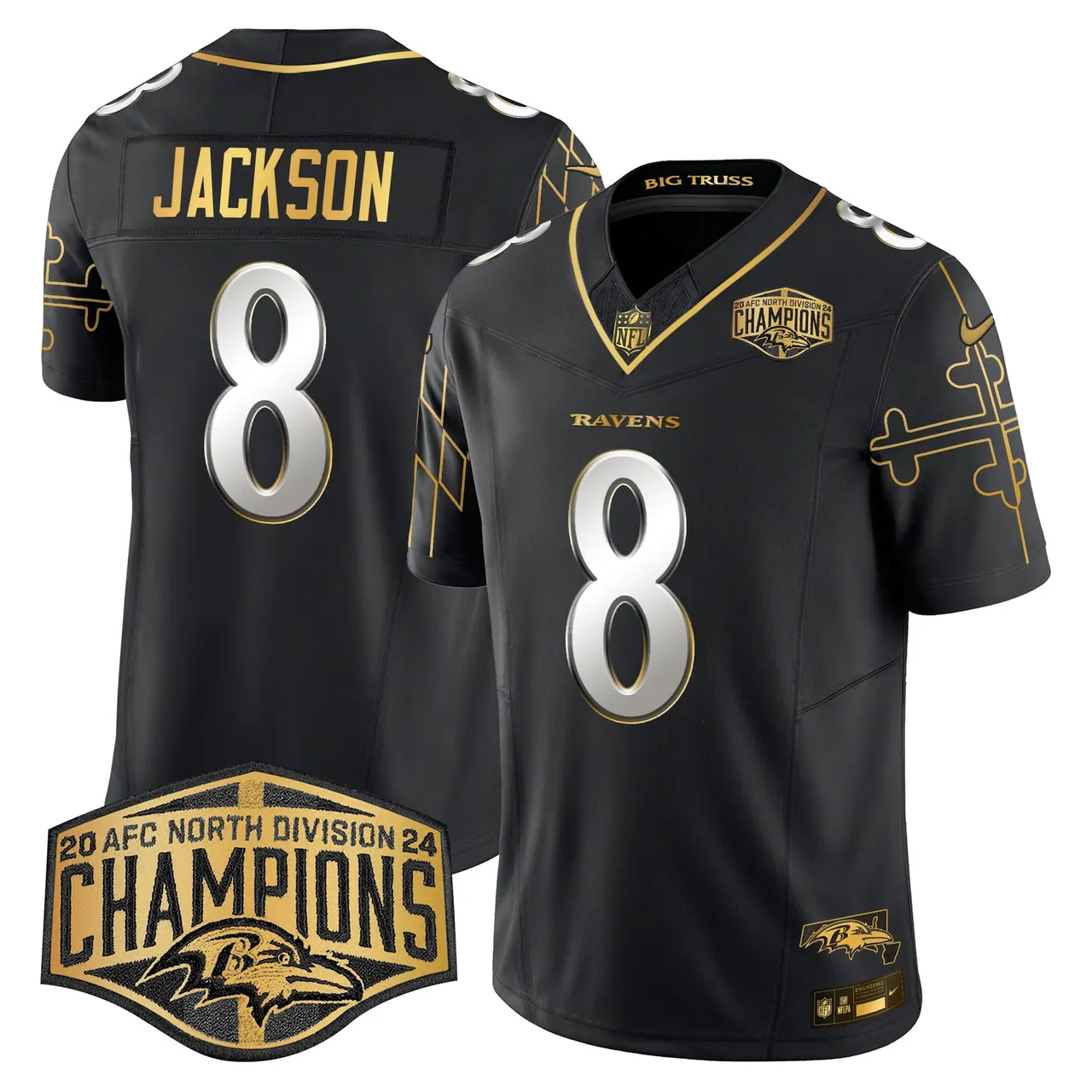 Derrick Henry Baltimore Ravens Nike Maryland Flag Map 2024 AFC North Division Champions Patch Gold Vapor Limited Stitched Jersey - Black - Image 2