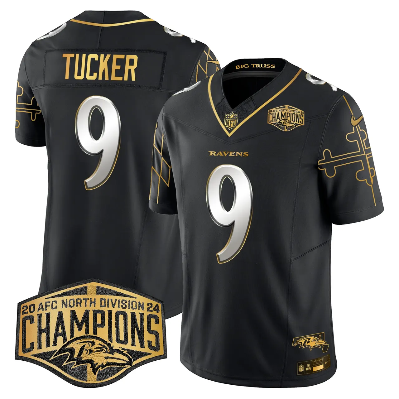 Derrick Henry Baltimore Ravens Nike Maryland Flag Map 2024 AFC North Division Champions Patch Gold Vapor Limited Stitched Jersey - Black - Image 3