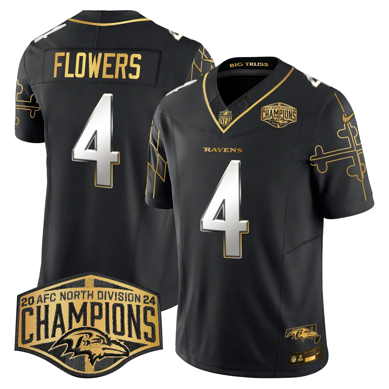 Derrick Henry Baltimore Ravens Nike Maryland Flag Map 2024 AFC North Division Champions Patch Gold Vapor Limited Stitched Jersey - Black - Image 7