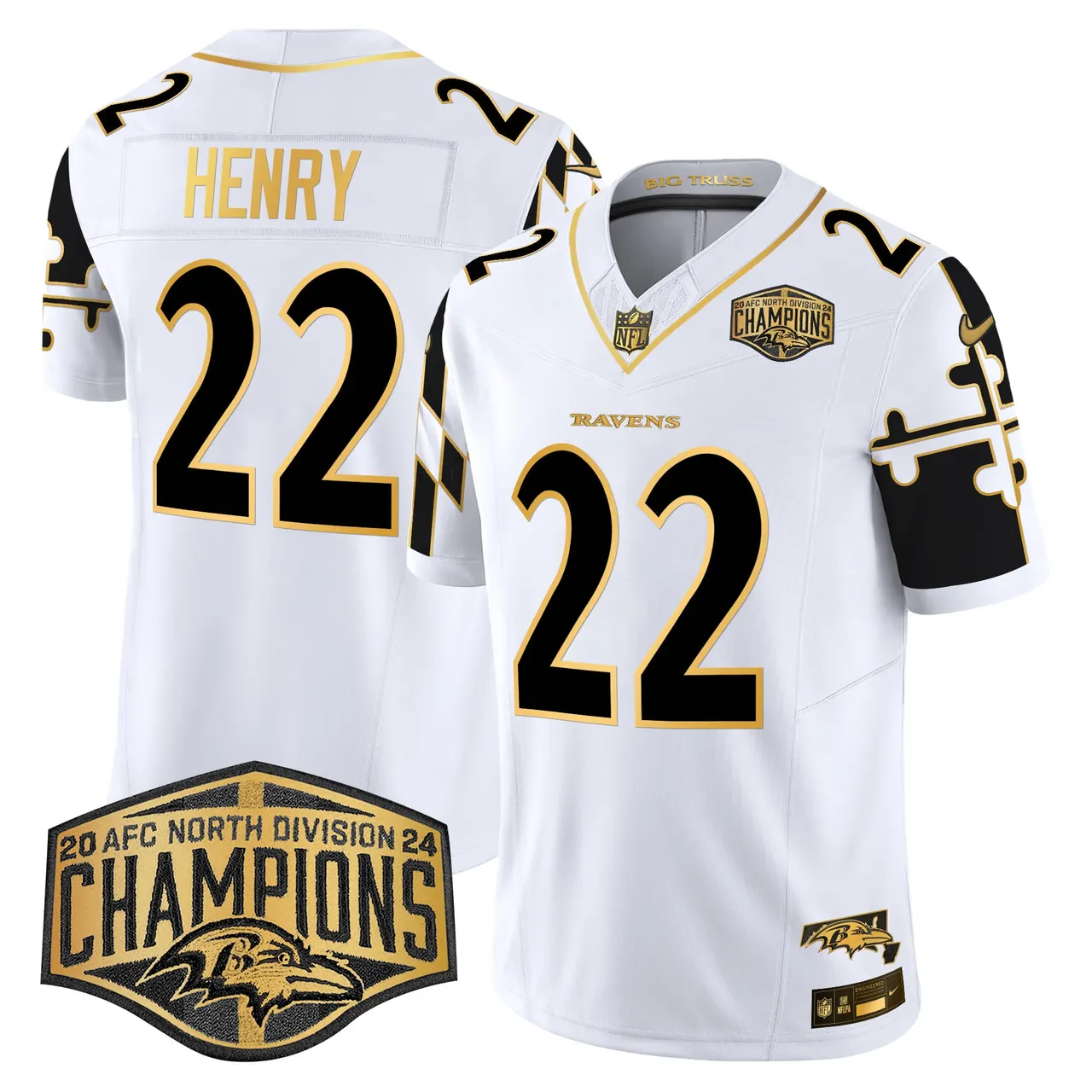Derrick Henry Baltimore Ravens Nike Maryland Flag Map 2024 AFC North Division Champions Patch Gold Vapor Limited Stitched Jersey - Black - Image 17