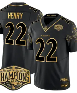 Derrick Henry Baltimore Ravens Nike Maryland Flag Map 2024 AFC North Division Champions Patch Gold Vapor Limited Stitched Jersey - Black - Image 25