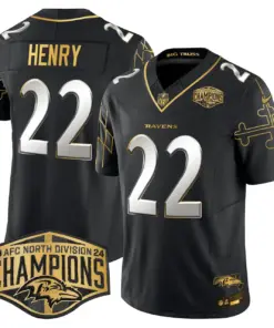 Derrick Henry Baltimore Ravens Nike Maryland Flag Map 2024 AFC North Division Champions Patch Gold Vapor Limited Stitched Jersey - Black