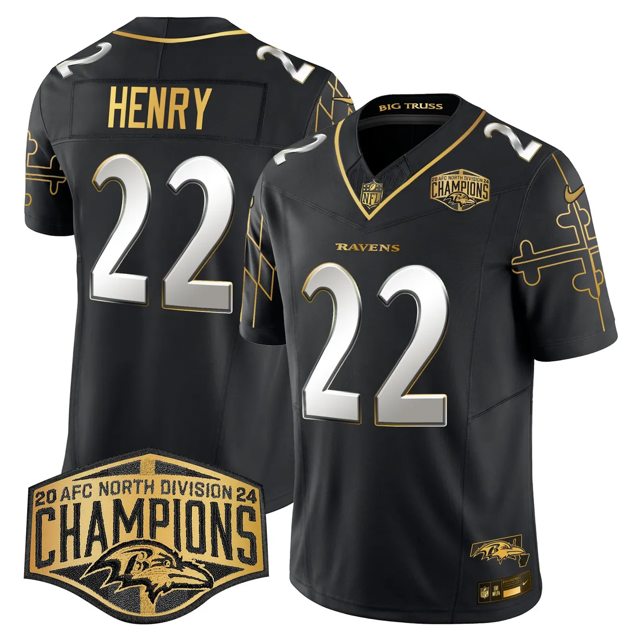 Derrick Henry Baltimore Ravens Nike Maryland Flag Map 2024 AFC North Division Champions Patch Gold Vapor Limited Stitched Jersey - Black