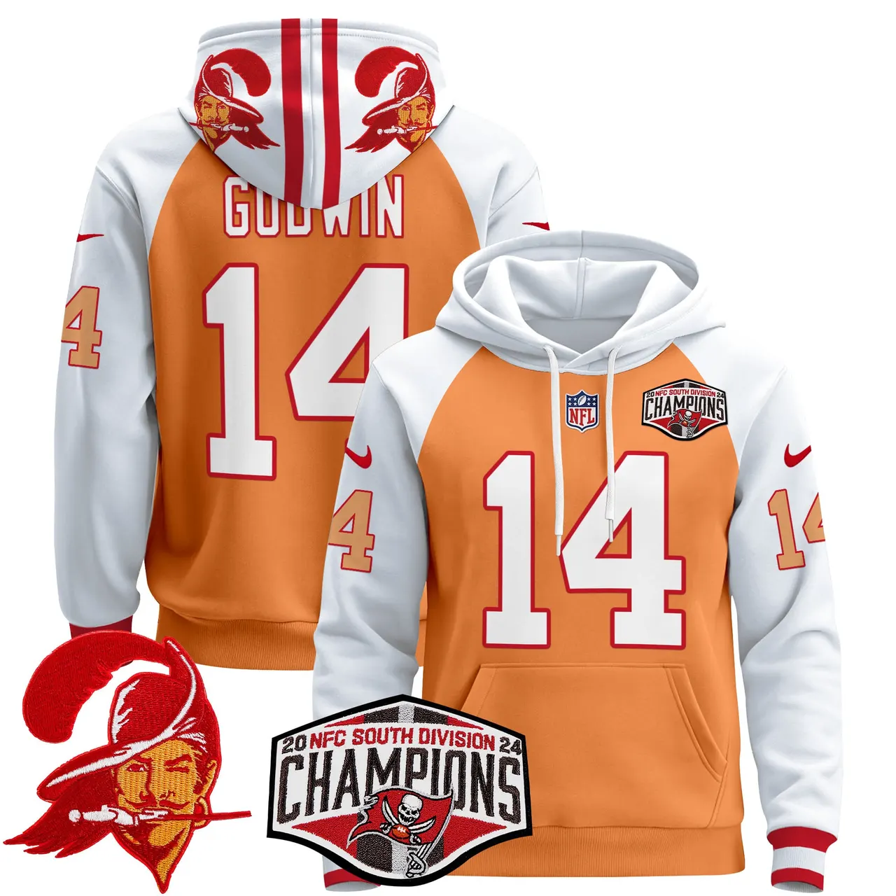 Baker Mayfield Tampa Bay Buccaneers Nike Throwback 2024 NFC South Division Champions Patch Stitched Pullover Hoodie - Orange - Image 5