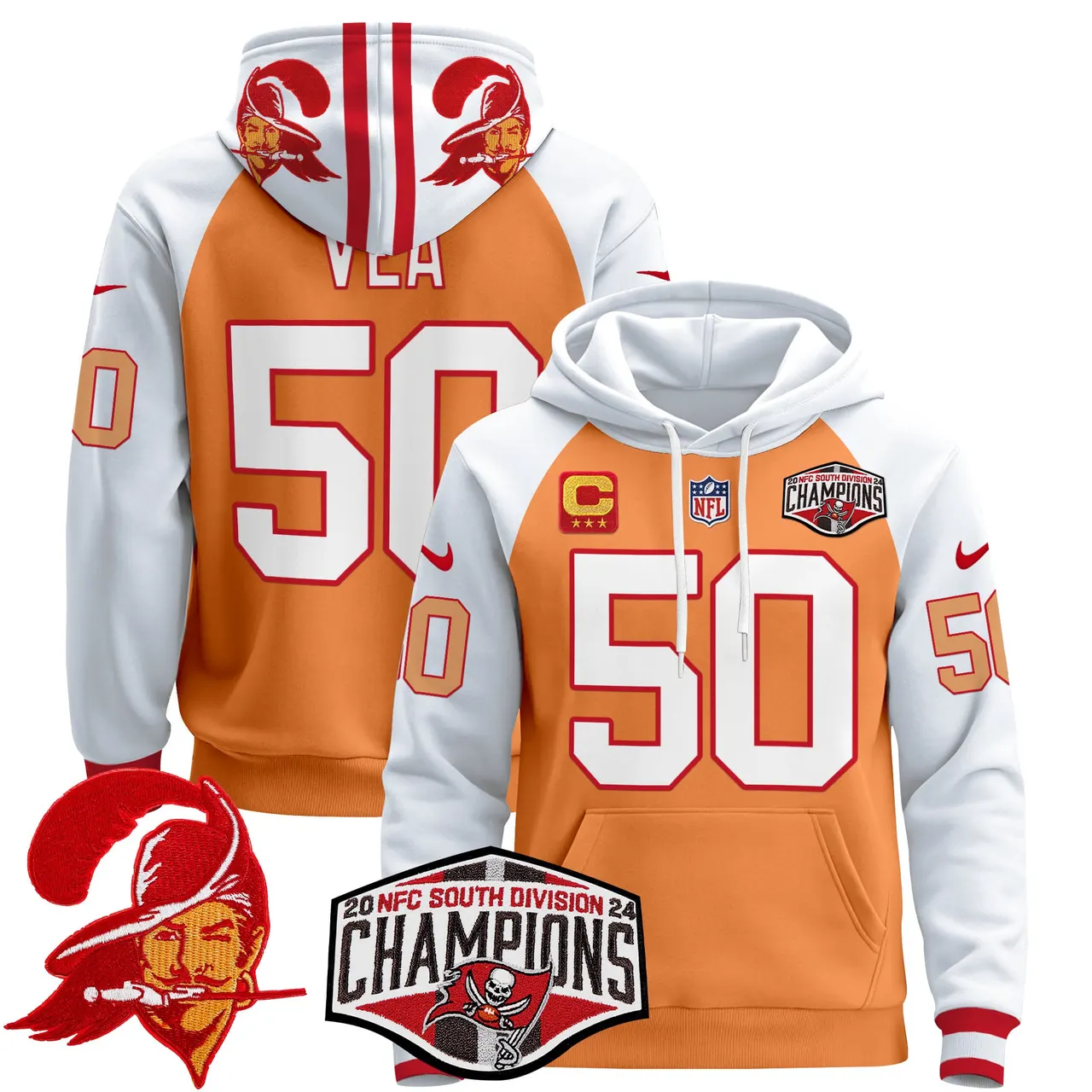 Baker Mayfield Tampa Bay Buccaneers Nike Throwback 2024 NFC South Division Champions Patch Stitched Pullover Hoodie - Orange - Image 6