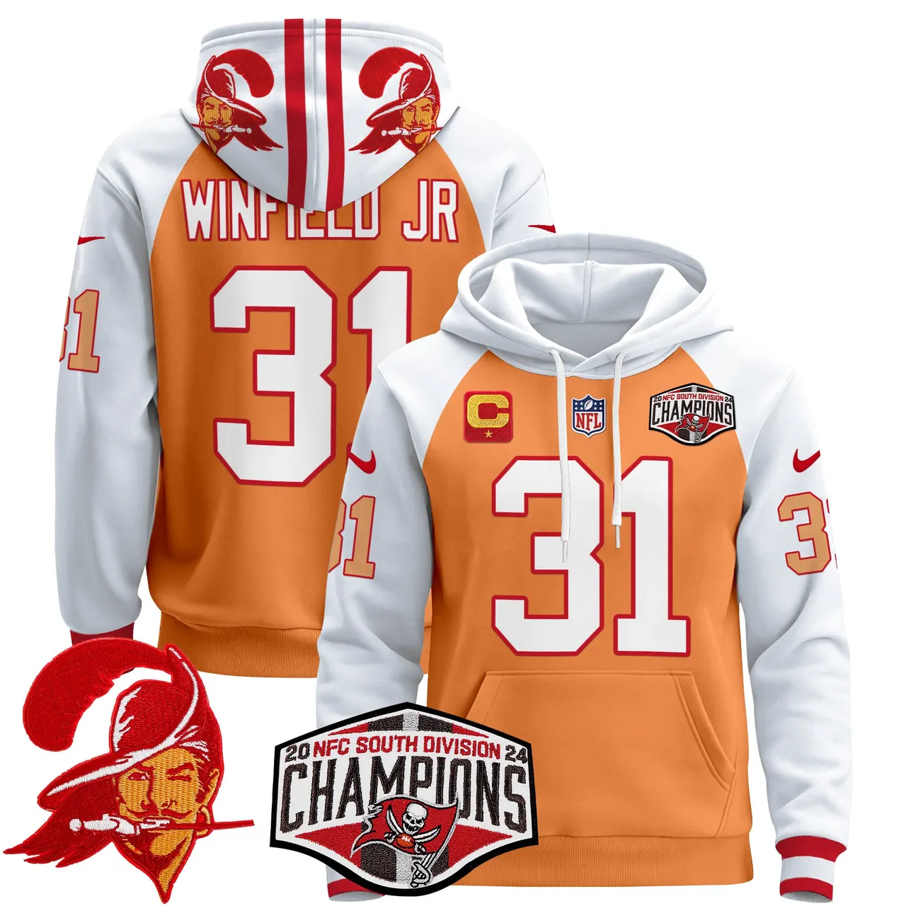 Baker Mayfield Tampa Bay Buccaneers Nike Throwback 2024 NFC South Division Champions Patch Stitched Pullover Hoodie - Orange - Image 7