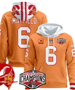 Baker Mayfield Tampa Bay Buccaneers Nike Throwback 2024 NFC South Division Champions Patch Stitched Pullover Hoodie - Orange - Image 15