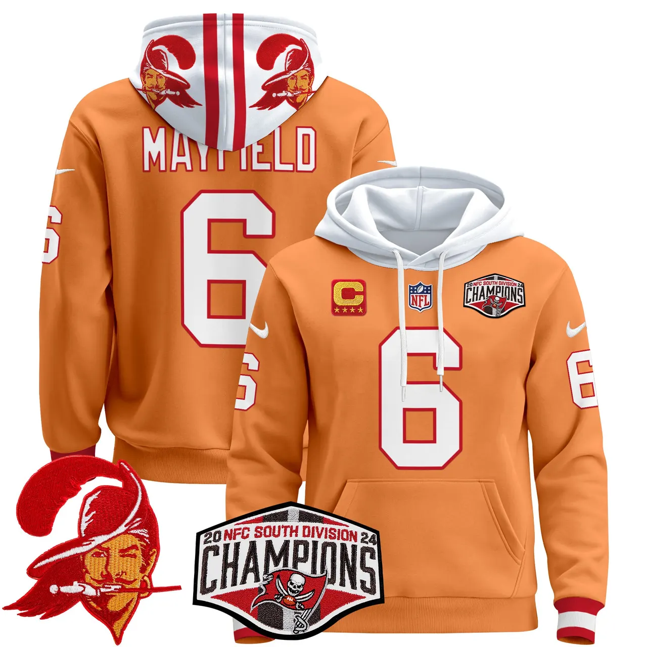 Baker Mayfield Tampa Bay Buccaneers Nike Throwback 2024 NFC South Division Champions Patch Stitched Pullover Hoodie - Orange - Image 15