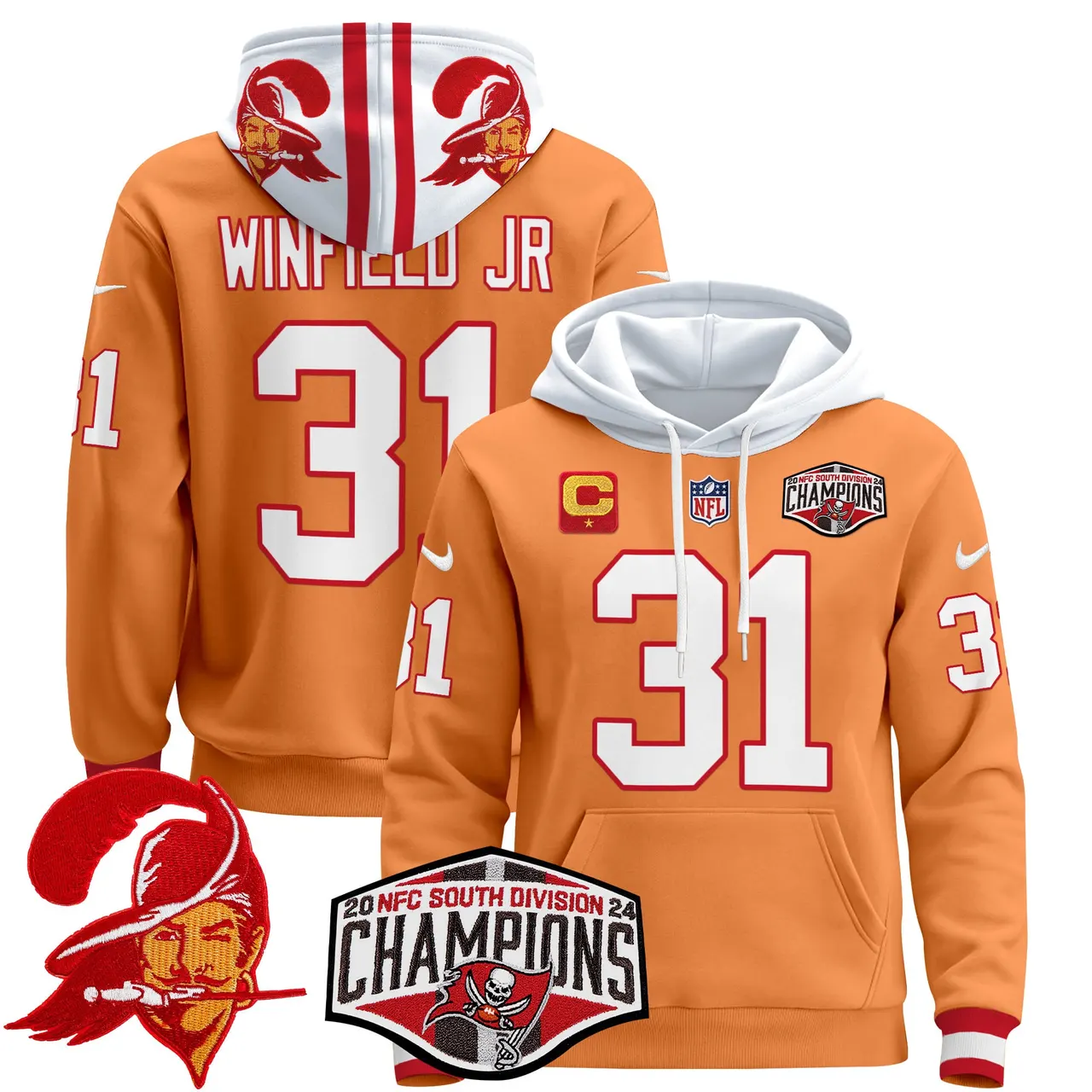 Baker Mayfield Tampa Bay Buccaneers Nike Throwback 2024 NFC South Division Champions Patch Stitched Pullover Hoodie - Orange - Image 21