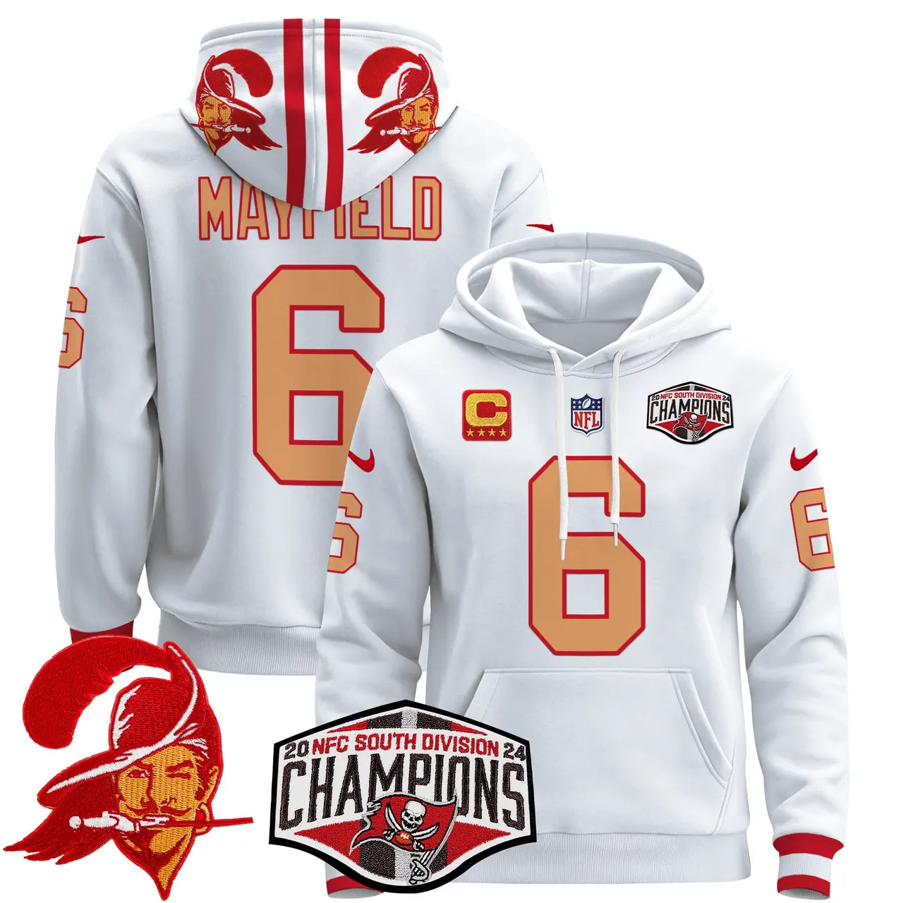 Baker Mayfield Tampa Bay Buccaneers Nike Throwback 2024 NFC South Division Champions Patch Stitched Pullover Hoodie - Orange - Image 22