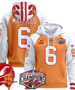 Baker Mayfield Tampa Bay Buccaneers Nike Throwback 2024 NFC South Division Champions Patch Stitched Pullover Hoodie - Orange