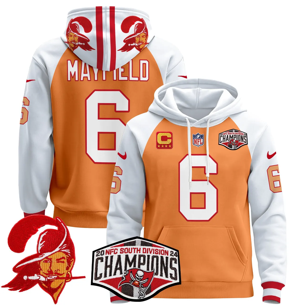 Baker Mayfield Tampa Bay Buccaneers Nike Throwback 2024 NFC South Division Champions Patch Stitched Pullover Hoodie - Orange