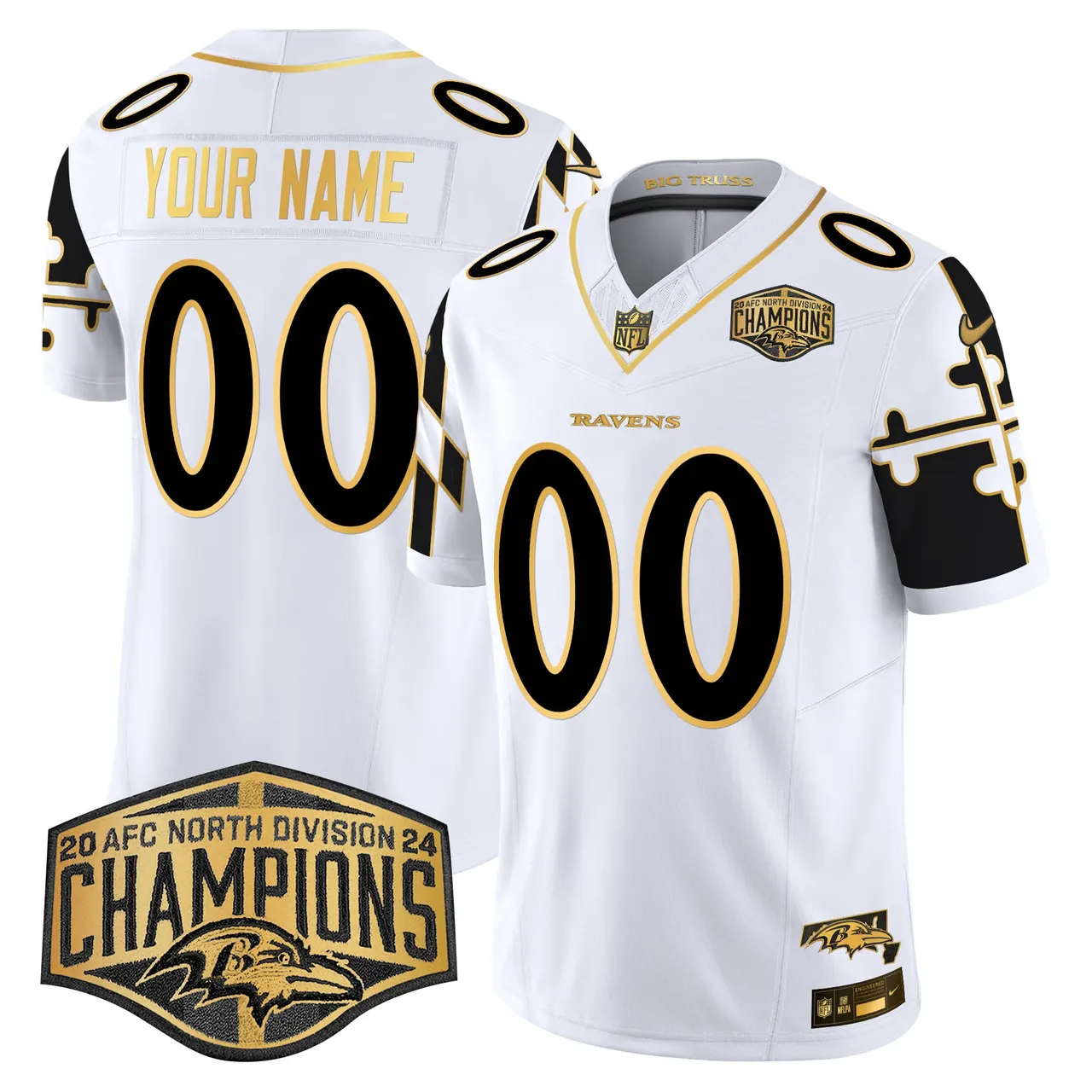 Baltimore Ravens Nike Maryland Flag Map 2024 AFC North Division Champions Patch Gold Vapor Custom Limited Stitched Jersey - Black - Image 3