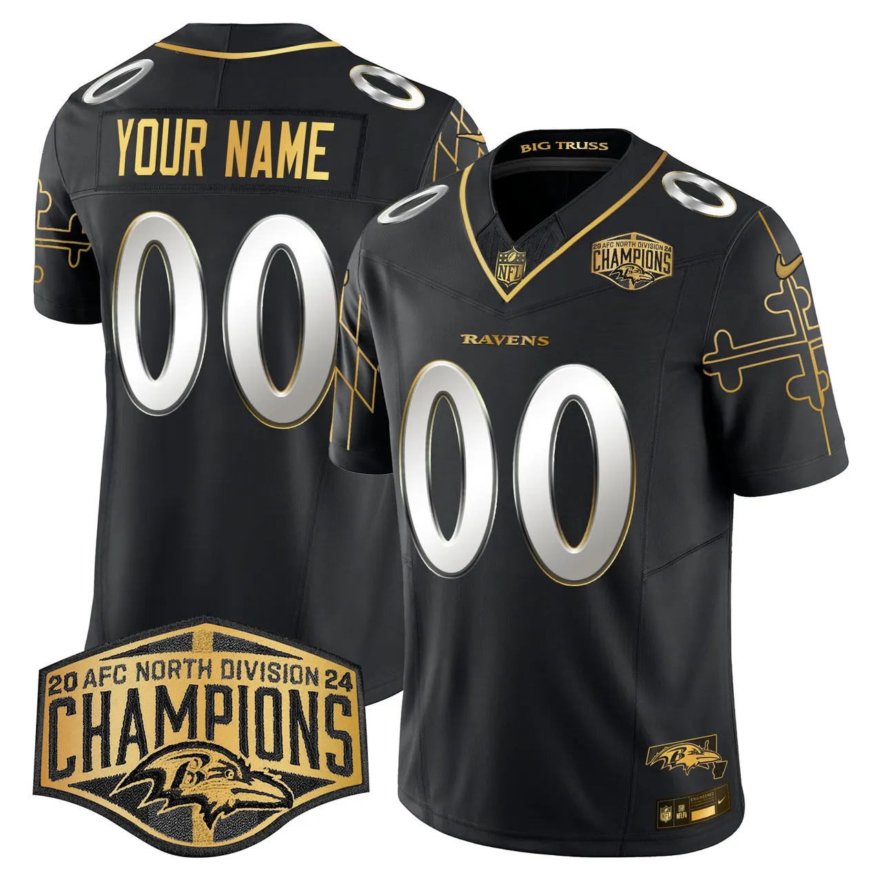 Baltimore Ravens Nike Maryland Flag Map 2024 AFC North Division Champions Patch Gold Vapor Custom Limited Stitched Jersey - Black