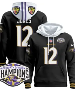 Derrick Henry Baltimore Ravens Nike 2024 AFC North Division Champions Patch Stitched Pullover Hoodie V2 - Black - Image 28
