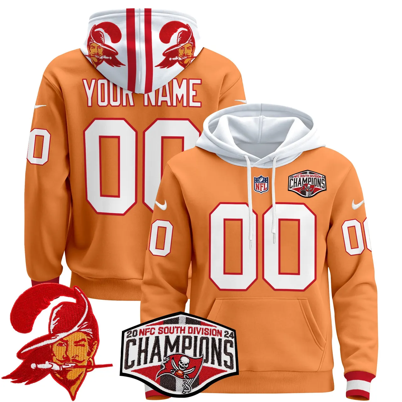 Tampa Bay Buccaneers Nike Throwback 2024 NFC South Division Champions Patch Custom Stitched Pullover Hoodie - Orange - Image 3